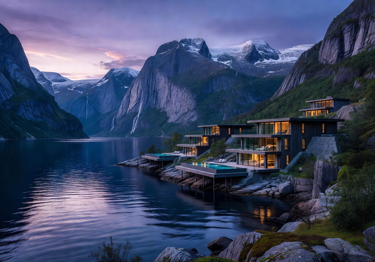 Cinematic Norwegian fjord at twilight with luxury resort