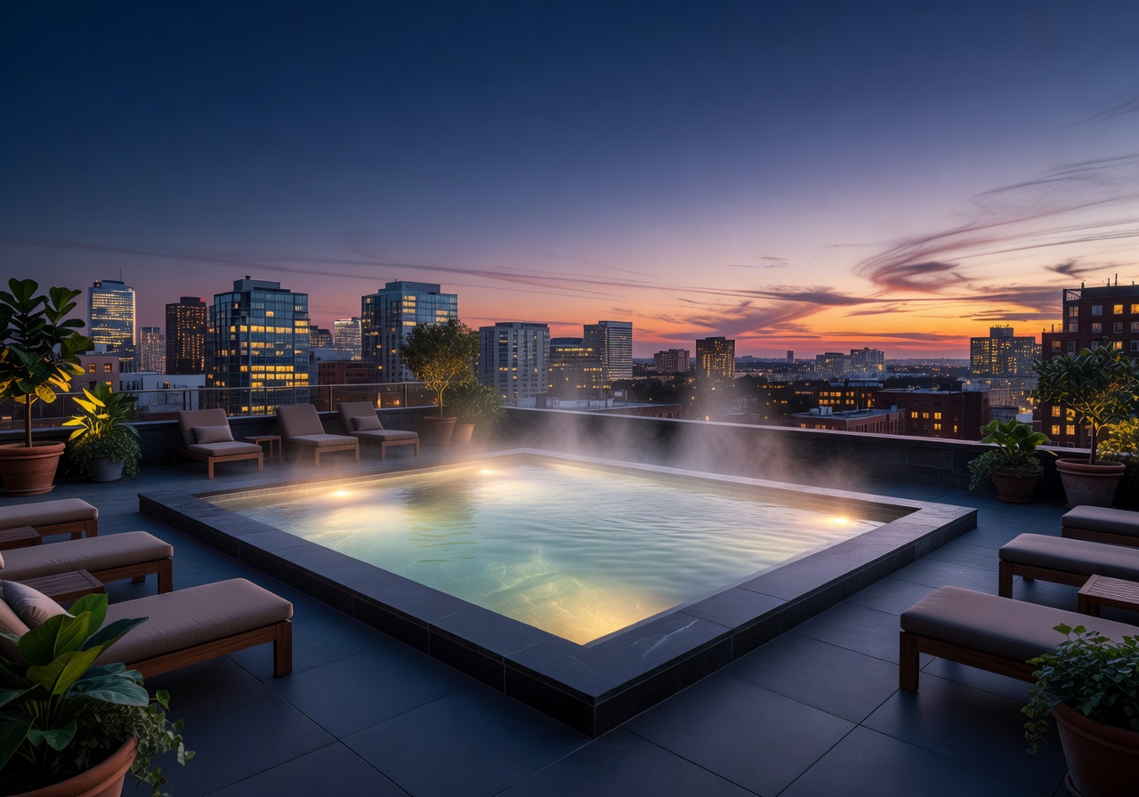 Heated rooftop spa pool overlooking fjord