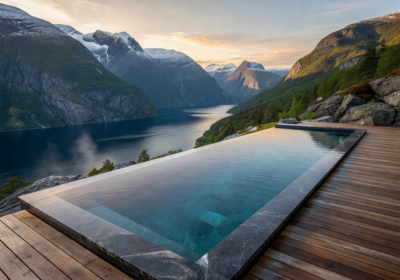 Cinematic Norway luxury resort overlooking fjord