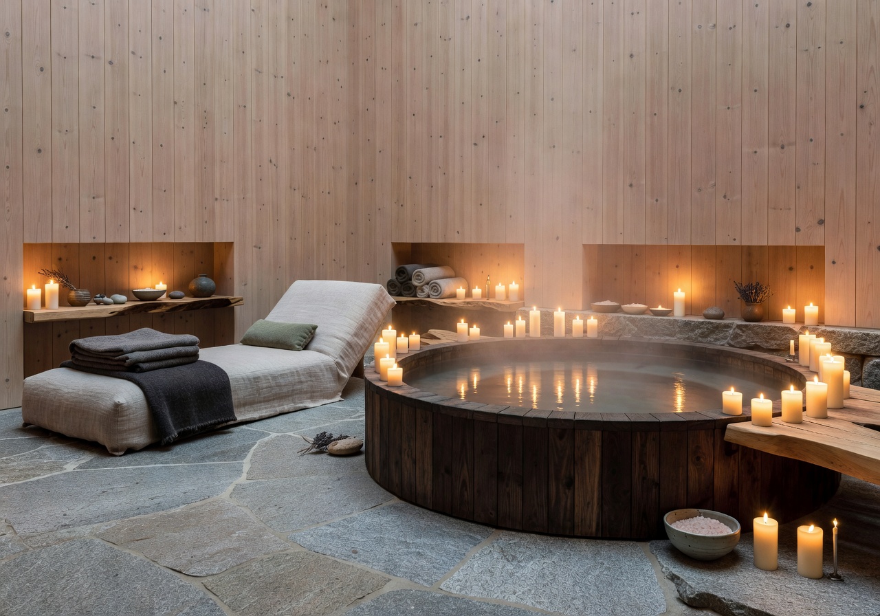 Luxury Nordic spa wellness sanctuary candlelit interior