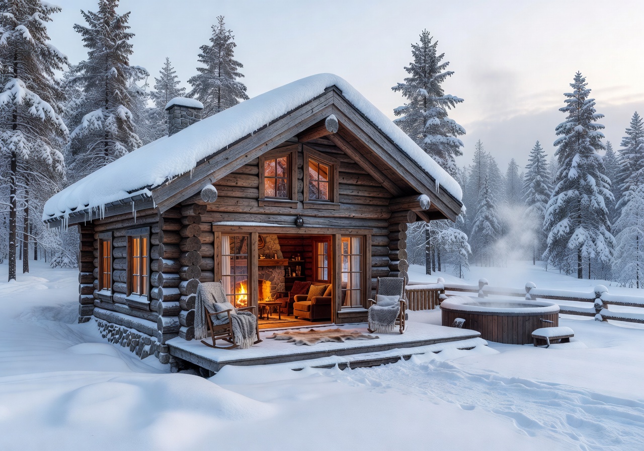Snowy Nordic winter luxury cabin retreat